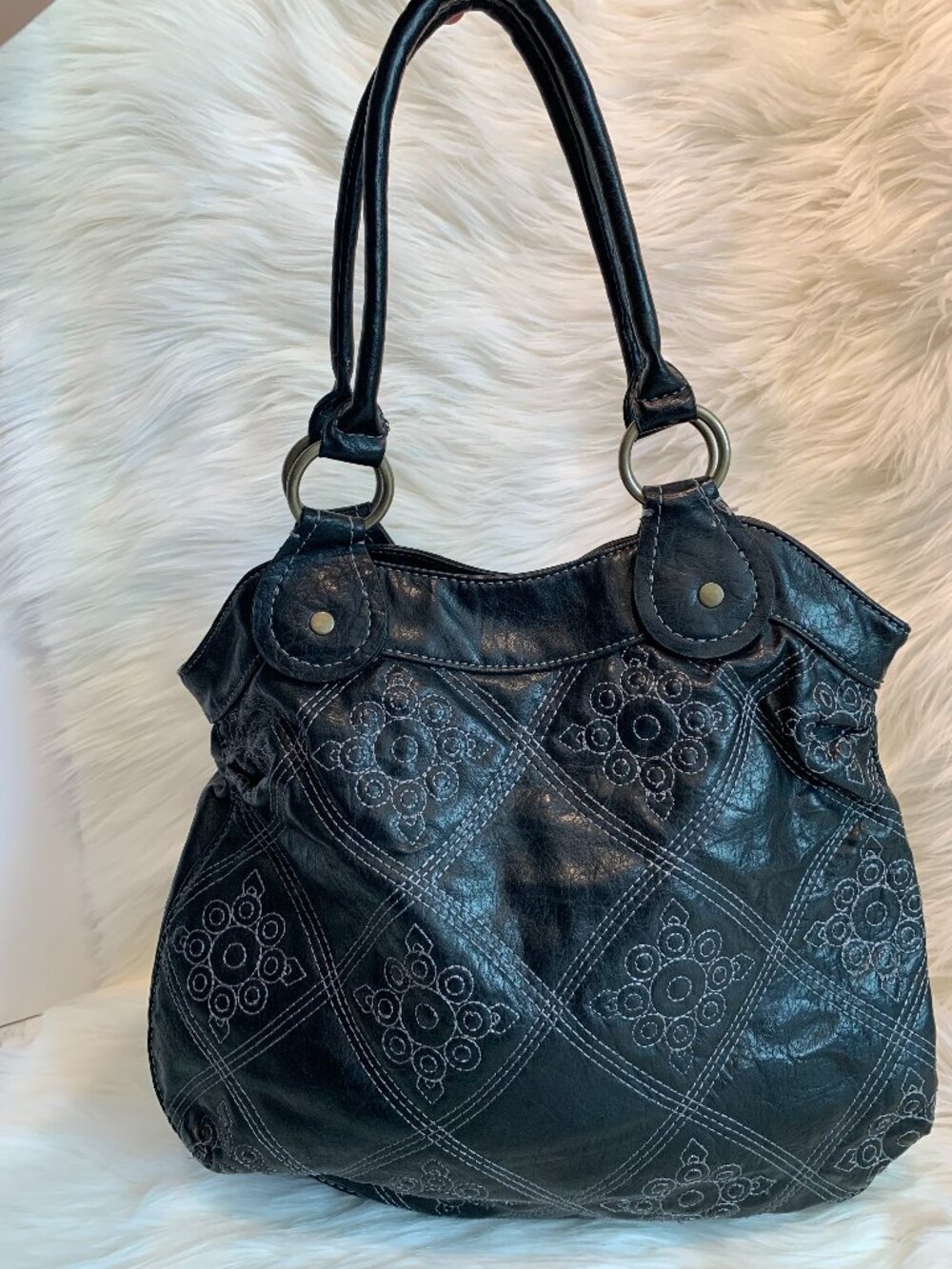 Authentic Stamp 10 Est. 05 Faux Black Leather Hobo Bag